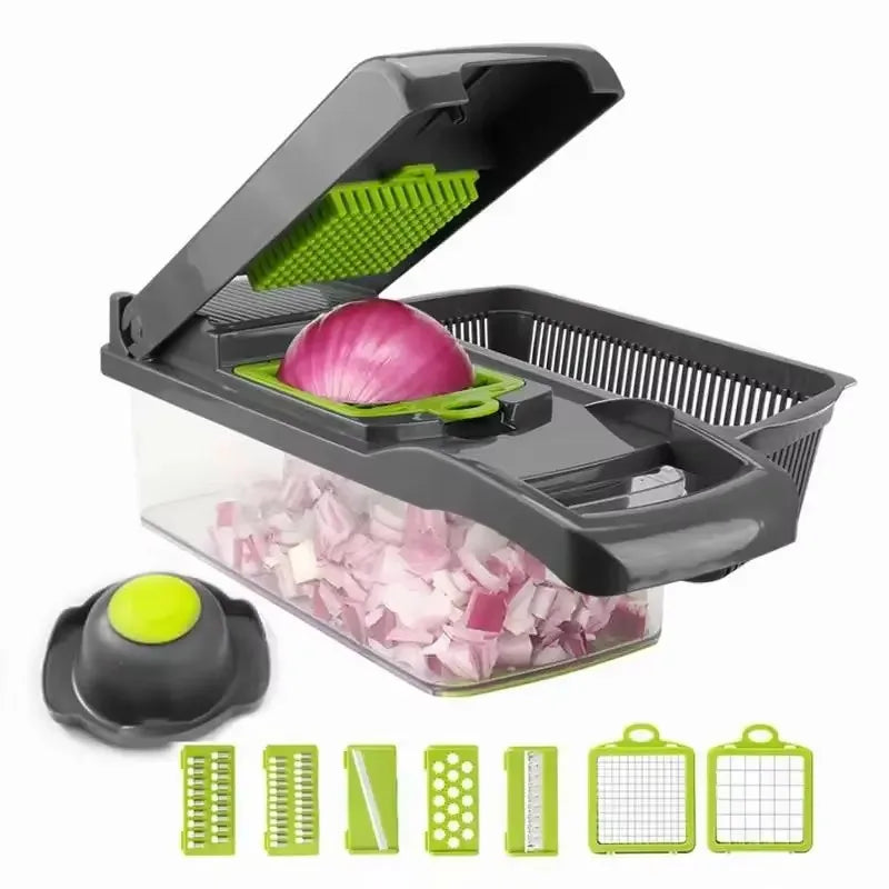 Râpe Légumes 5-en-1 Acier Inox — Tranche, Râpe, Coupe, Épluche, Hache