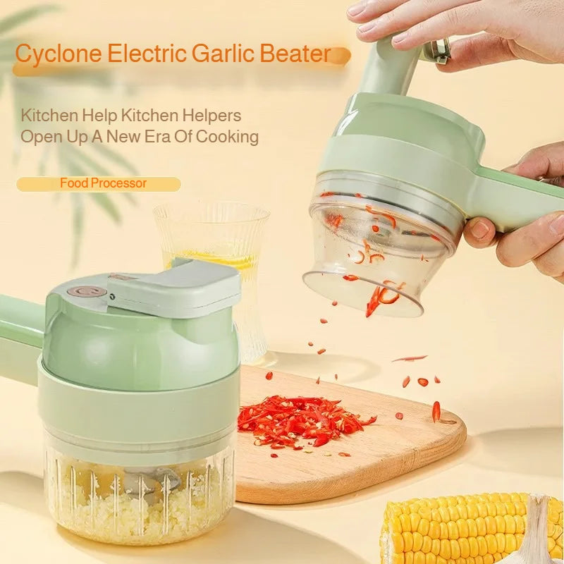 Coupe-Légumes Électrique 4-en-1 — Tranche, Râpe, Pile & Hache en Secondes