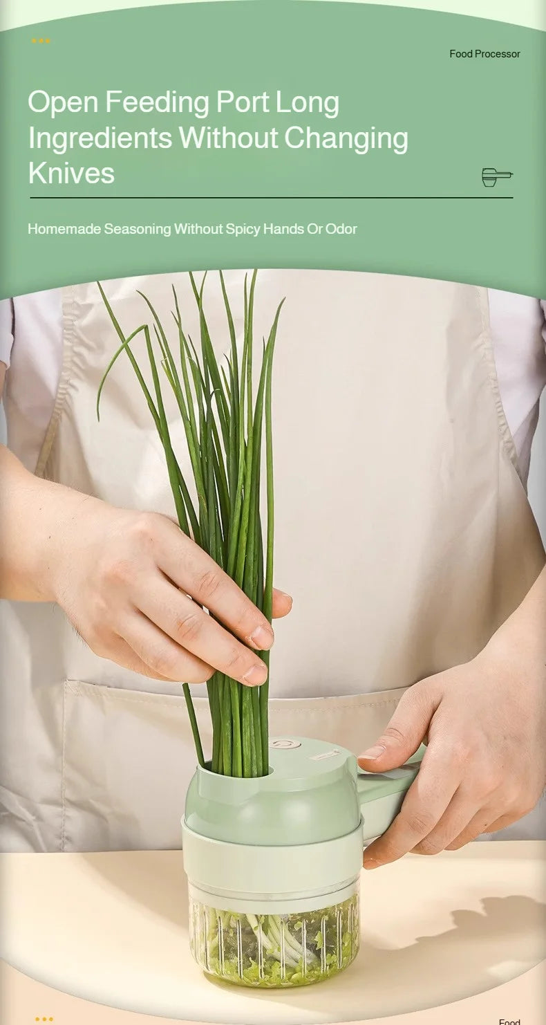 Coupe-Légumes Électrique 4-en-1 — Tranche, Râpe, Pile & Hache en Secondes