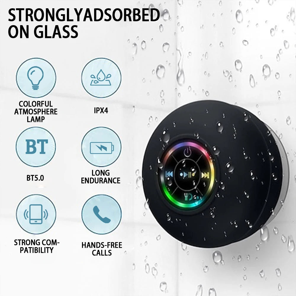 Enceinte Bluetooth LED Étanche IPX4 — Son 360° Immersif, Ventouse Ultra-Résistante pour Douche, Piscine & Extérieur