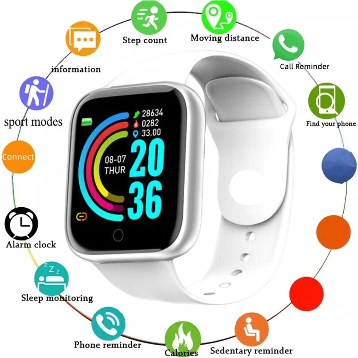 Montre Connectée Homme Femme — Fitness Tracker, Notifications, Étanche IP68, Cadran Tactile
