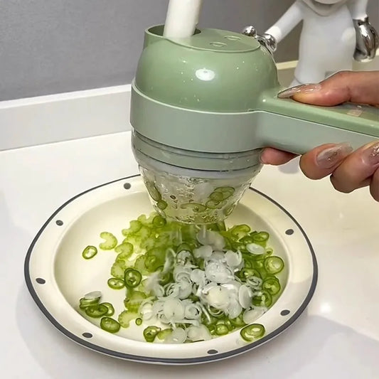 Coupe-Légumes Électrique 4-en-1 — Tranche, Râpe, Pile & Hache en Secondes