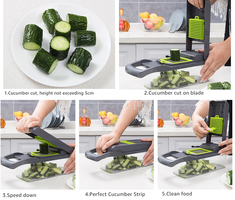 Râpe Légumes 5-en-1 Acier Inox — Tranche, Râpe, Coupe, Épluche, Hache