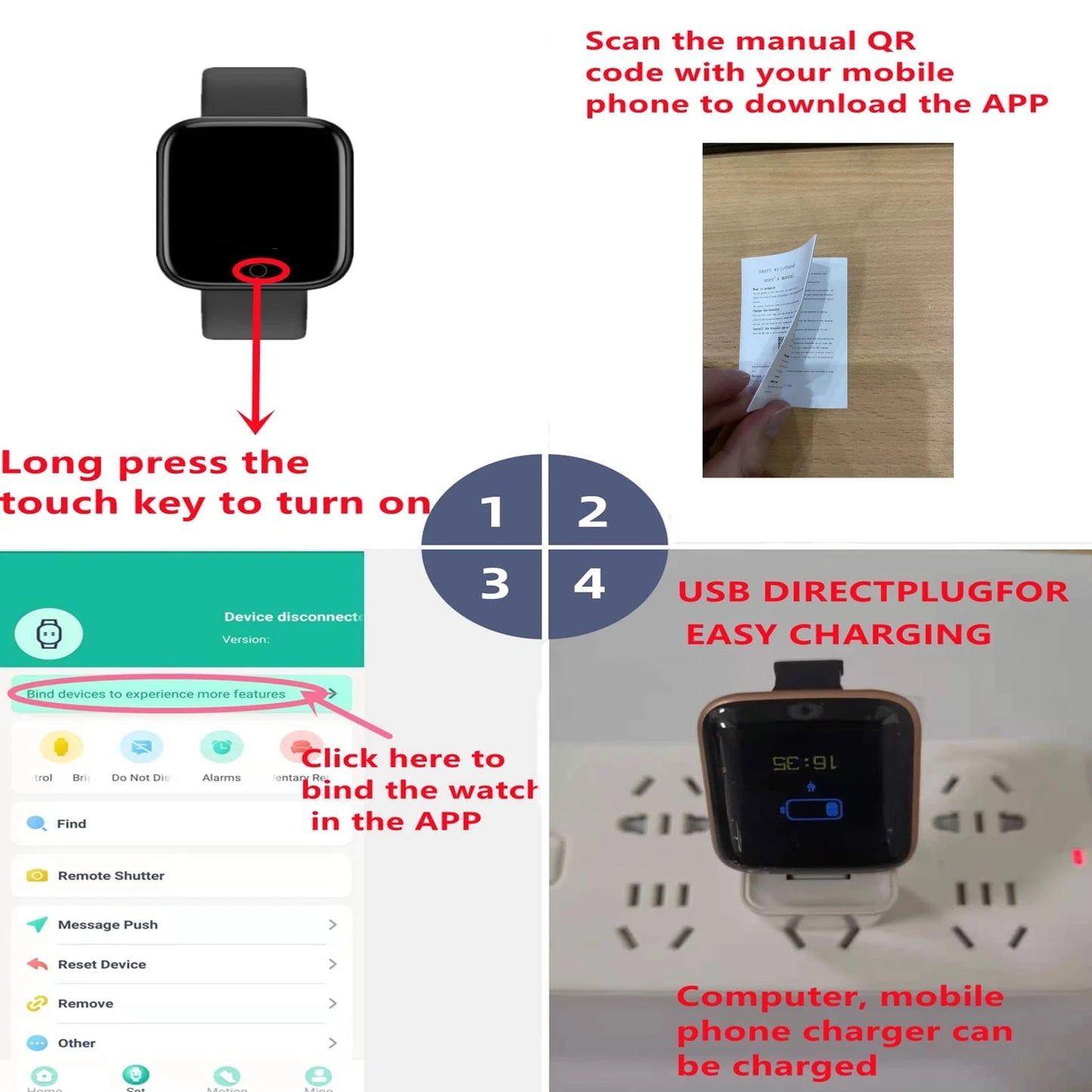 Montre Connectée Homme Femme — Fitness Tracker, Notifications, Étanche IP68, Cadran Tactile