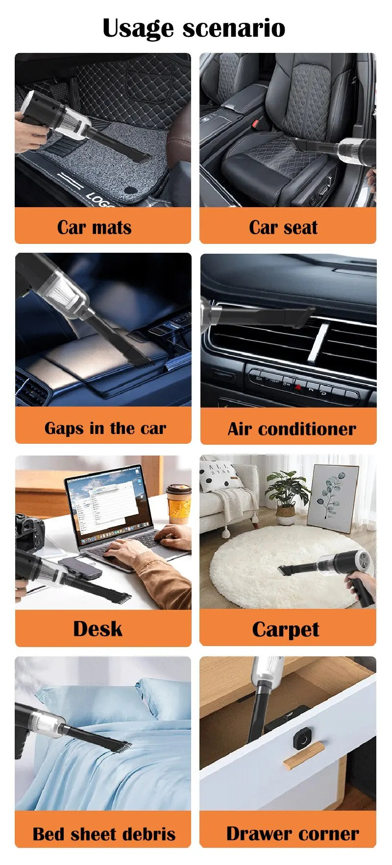 Aspirateur Voiture Sans Fil 9000Pa — Humide et Sec, Rechargeable USB, Mini Portable