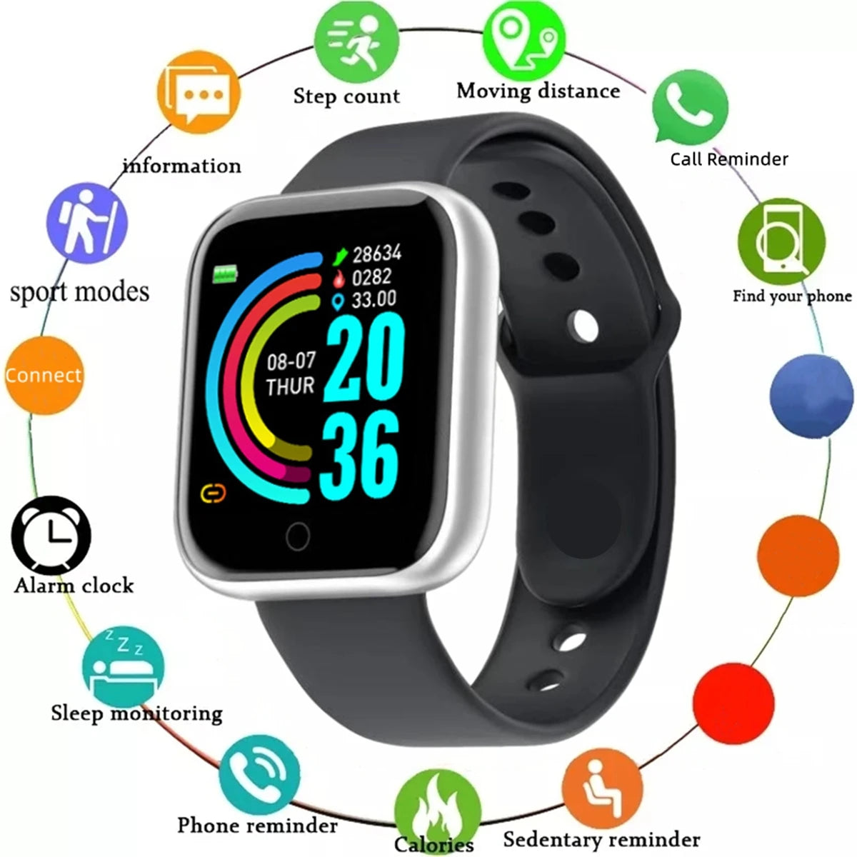 Montre Connectée Homme Femme — Fitness Tracker, Notifications, Étanche IP68, Cadran Tactile