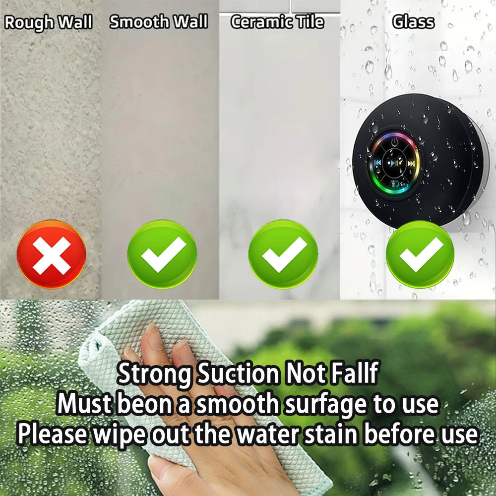 Enceinte Bluetooth LED Étanche IPX4 — Son 360° Immersif, Ventouse Ultra-Résistante pour Douche, Piscine & Extérieur